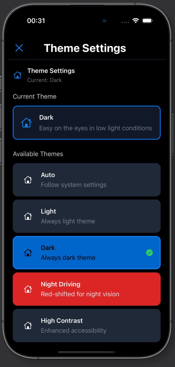 Theme settings in Car Brain, including night driving